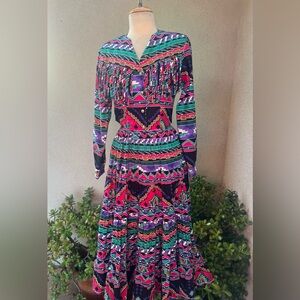 Vintage Southwestern western skirt top set fringe multi colors Sz XS/M Circle T